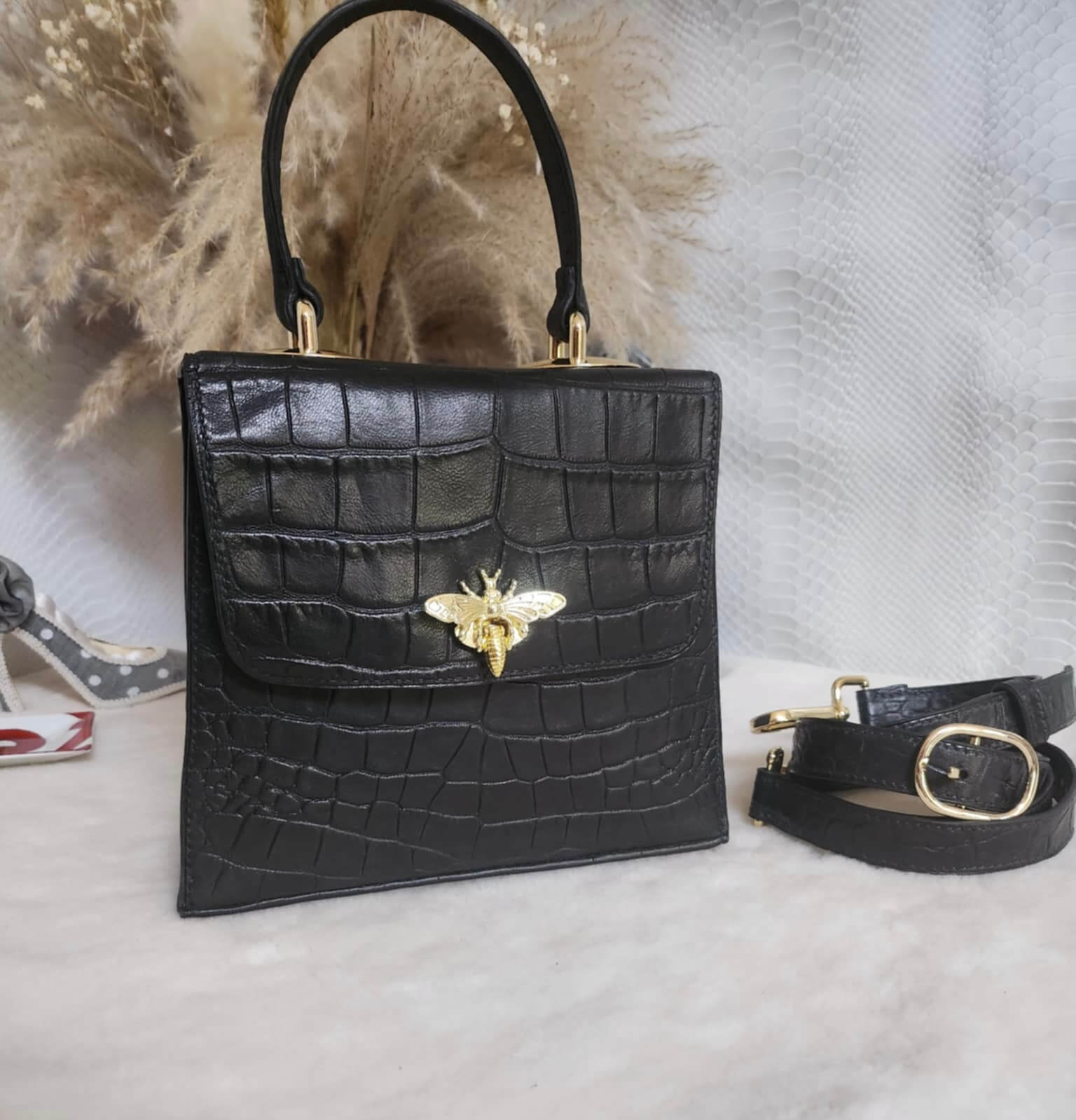 Sac Jules en cuir imprimé croco noir