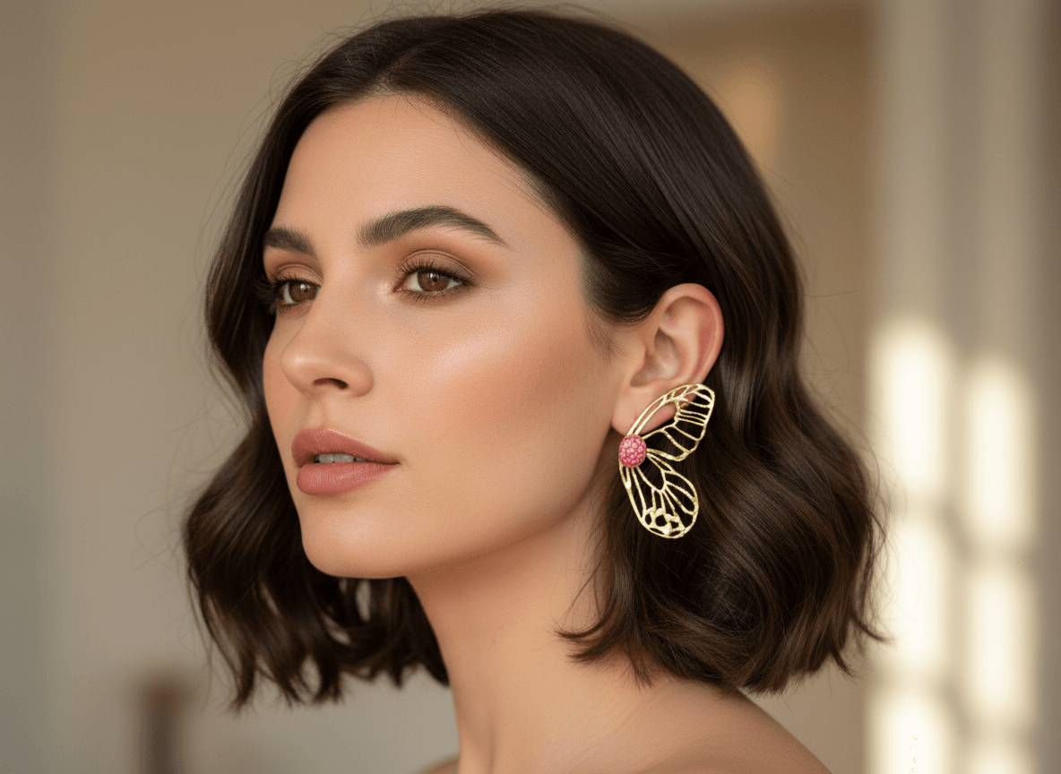 Boucles d'oreilles acier inox doré et galuchat rose