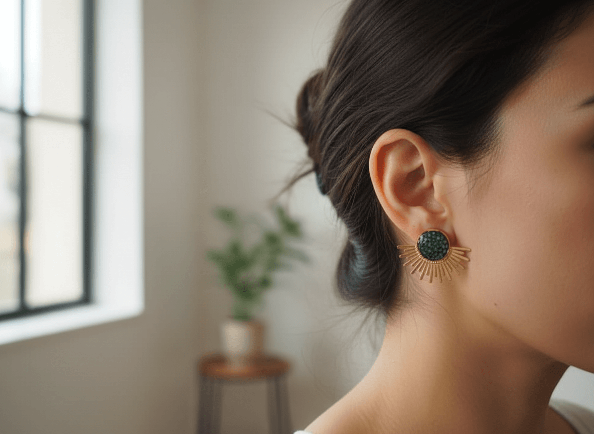 boucles d'oreilles acier inox doré et galuchat vert